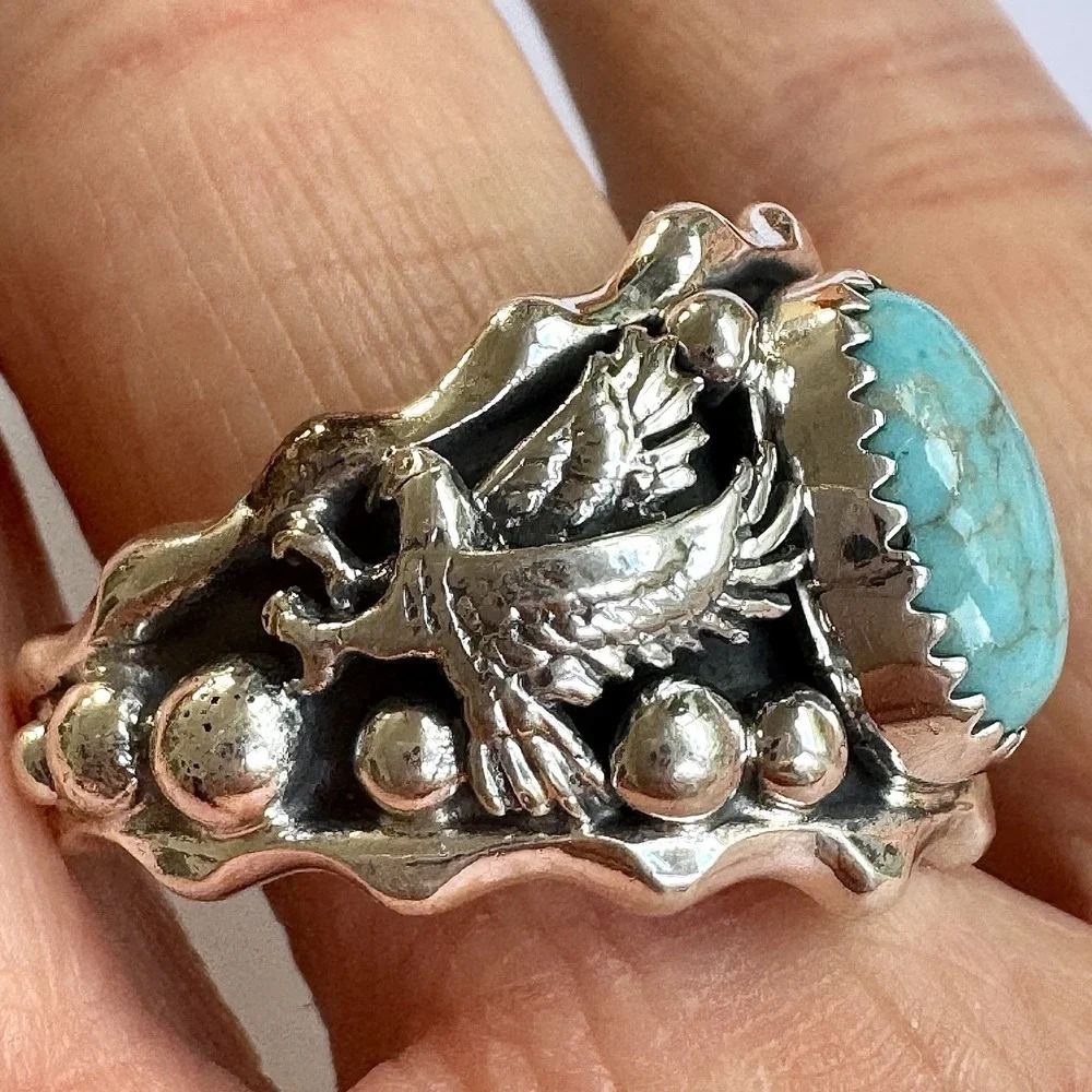 Navajo Eagle Mens Band Sz 13 Ring Turquoise Sterling Morgan Native American